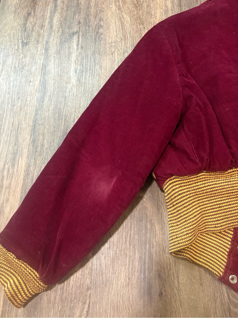 Vintage Unisex Varsity Burgundy Corduroy Bomber Jacket with Gold Trim - Picture 3 of 13